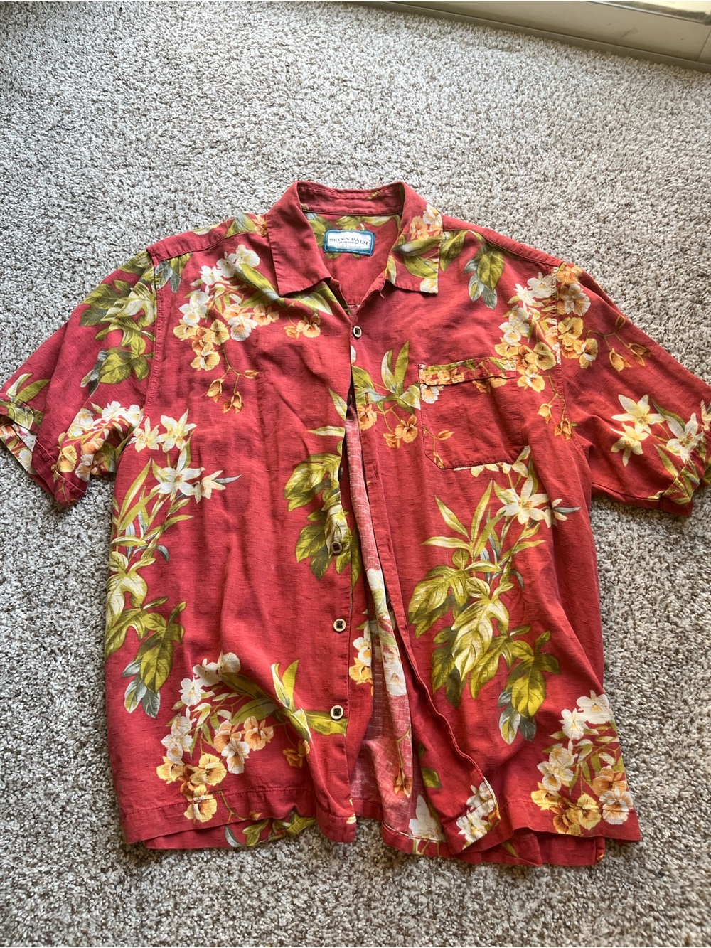 Island-Print Short-Sleeve Button-Down Shirt - Red 100% Silk